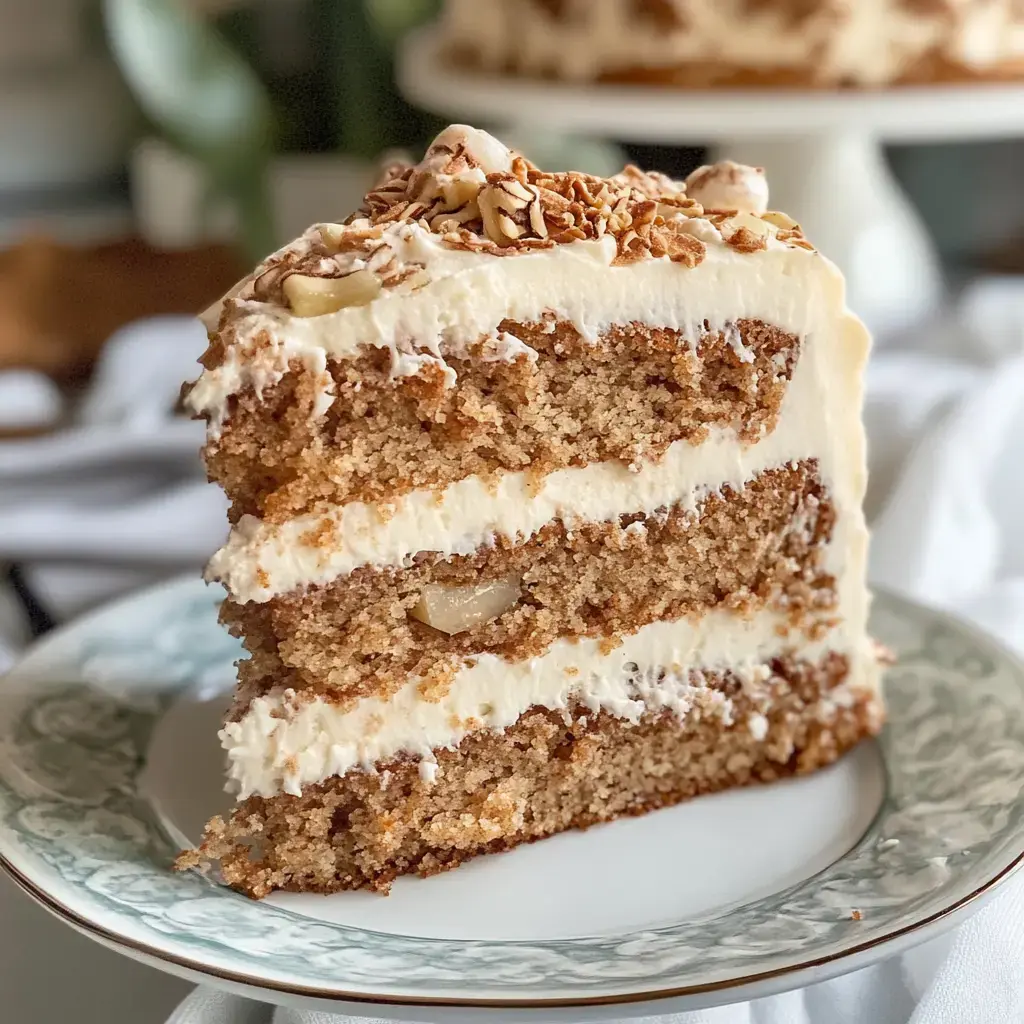 Creamy-frosted layered cake with nuts on top, set on a pretty plate.