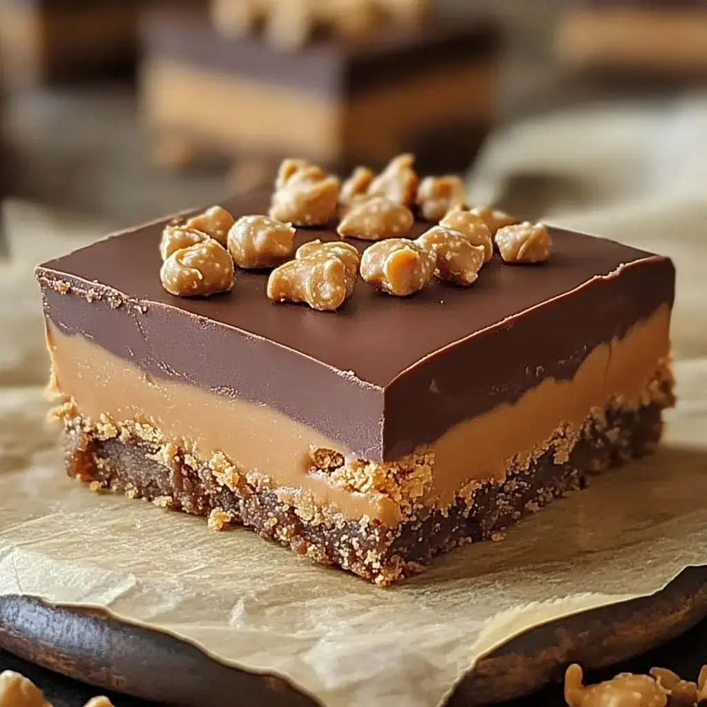 A close shot of a dessert square showing a crumbly base, gooey caramel layer, and shiny chocolate on top, dotted with caramel bits.