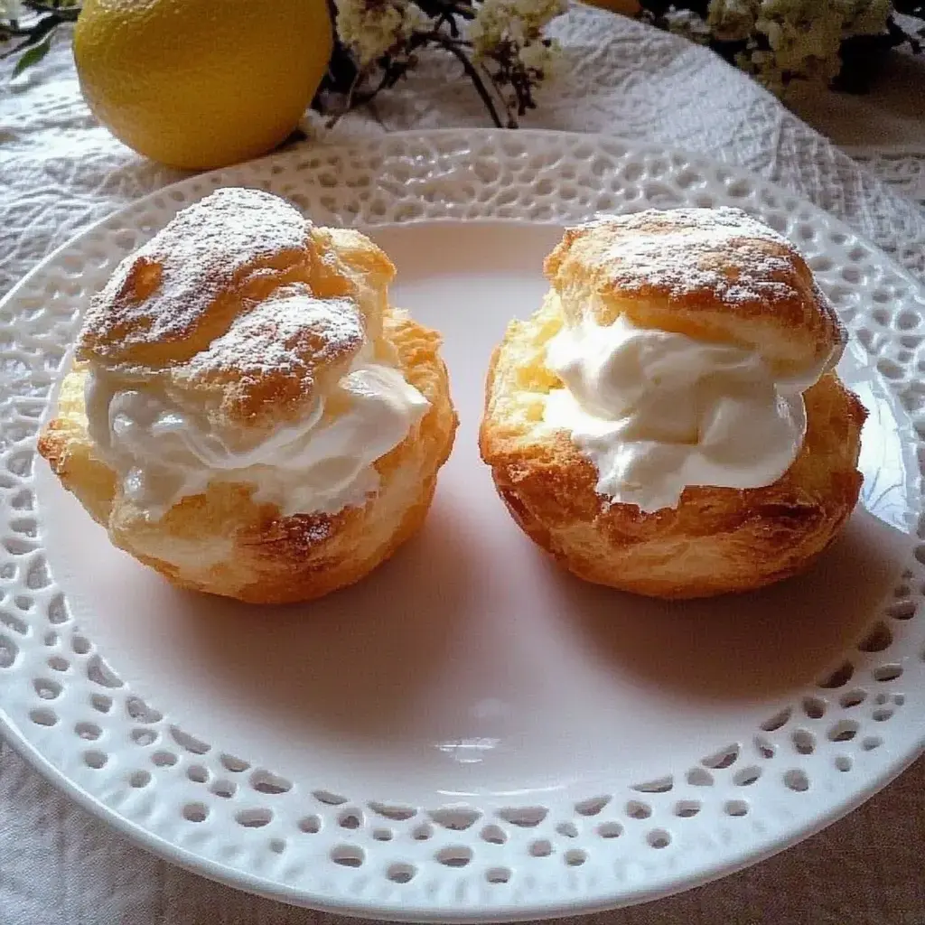 Two flaky pastries loaded with cream and sprinkled with powdered sugar rest on a patterned white plate, while a lemon sits behind them.