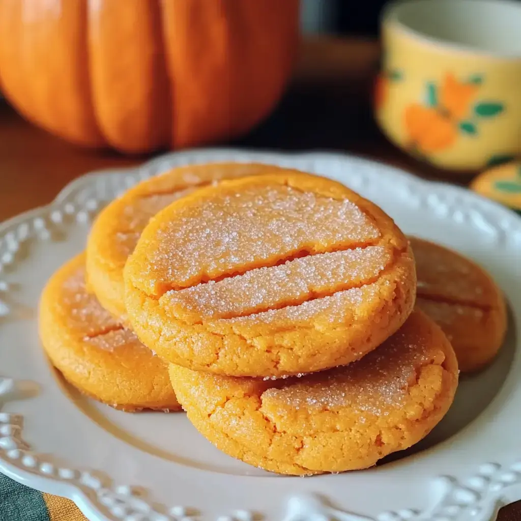 Sugar-dusted orange cookies stacked on a plate, pumpkin decor nearby.