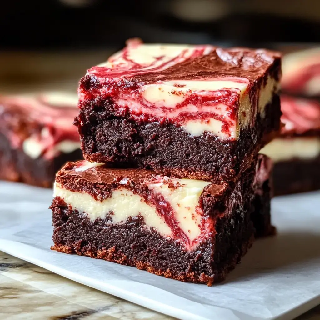 Two thick swirled brownies, red and white on top, stacked together on a white background.