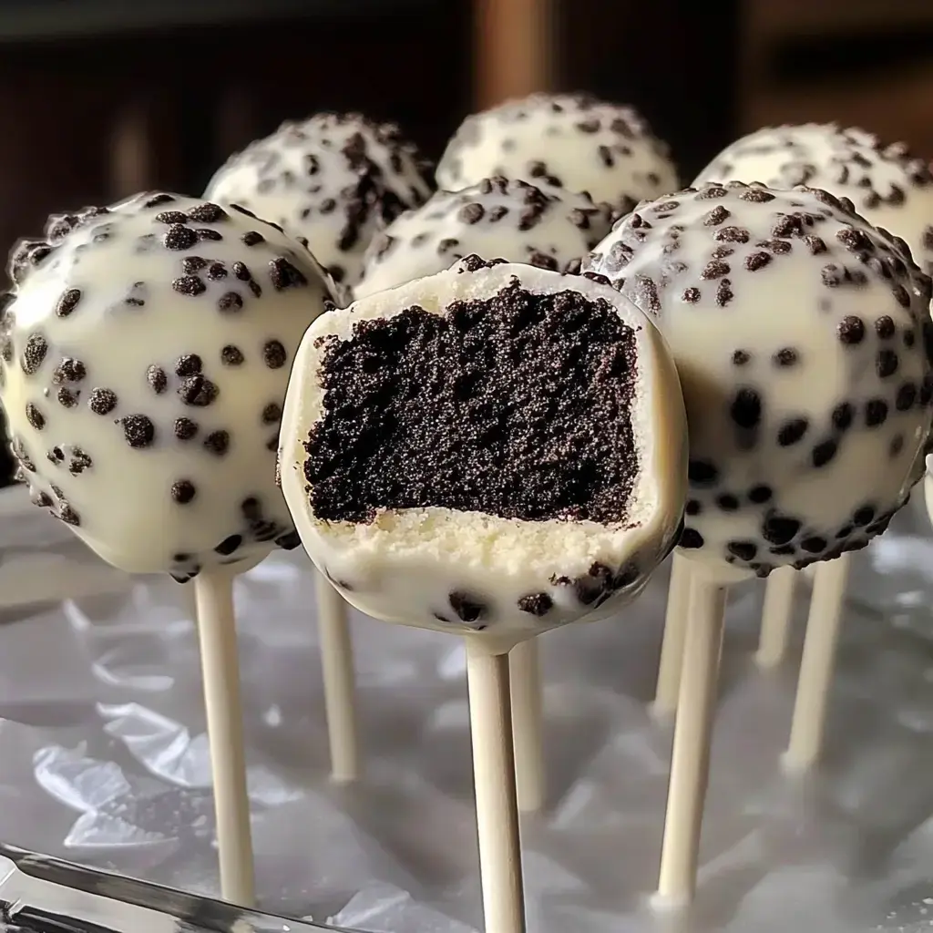 White chocolate dipped cake pops sprinkled with chocolate crumbs, one is split in half so you can see the fudgy center inside.