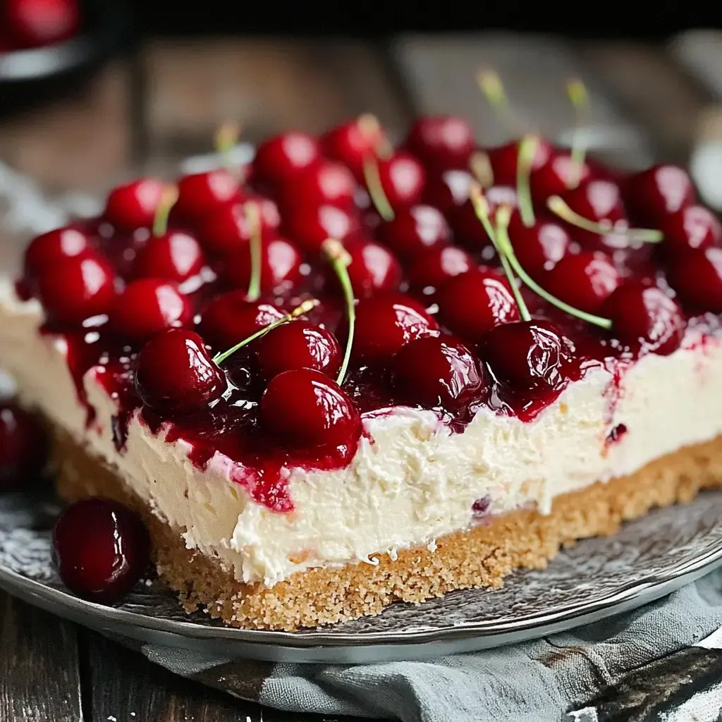Creamy cheesecake slice with shiny cherry topping and fresh cherries on a fancy plate.