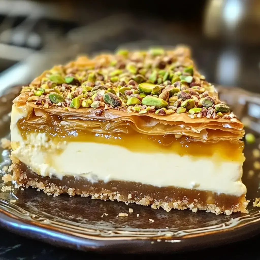 A beautiful wedge showing thin crispy layers, smooth filling, and glossy sweet topping, all sprinkled with pistachios on a moody plate.