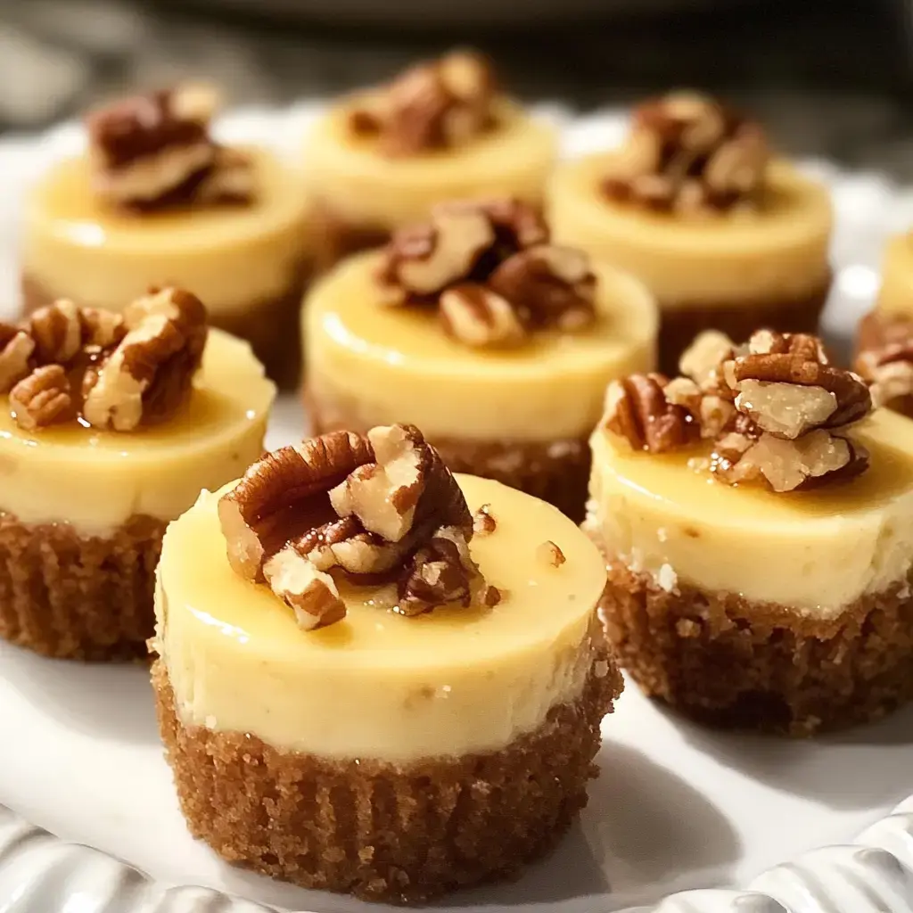 Close-up shot of mini pecan cheesecakes sitting pretty on a white plate.