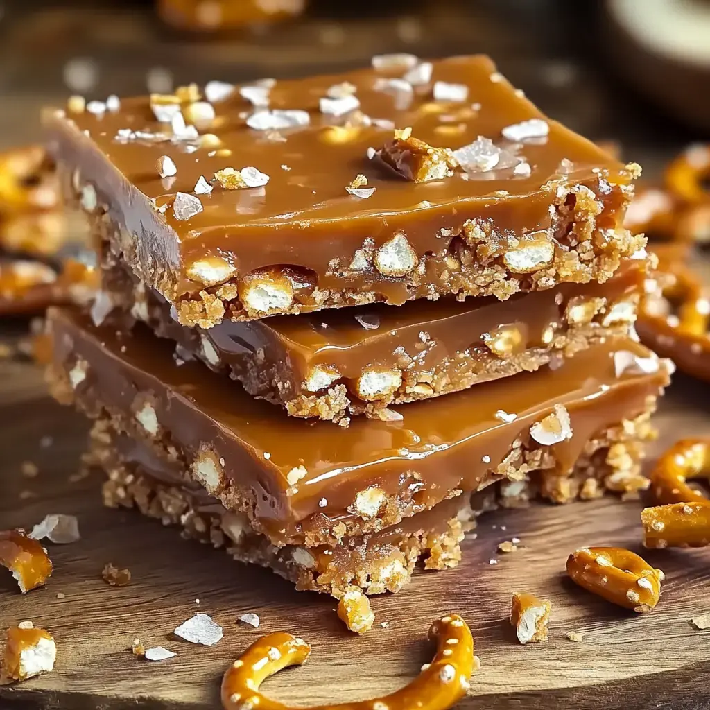 Three caramel-smothered pretzel bars stacked, sprinkled with sea salt, with scattered pretzels all around on wood.