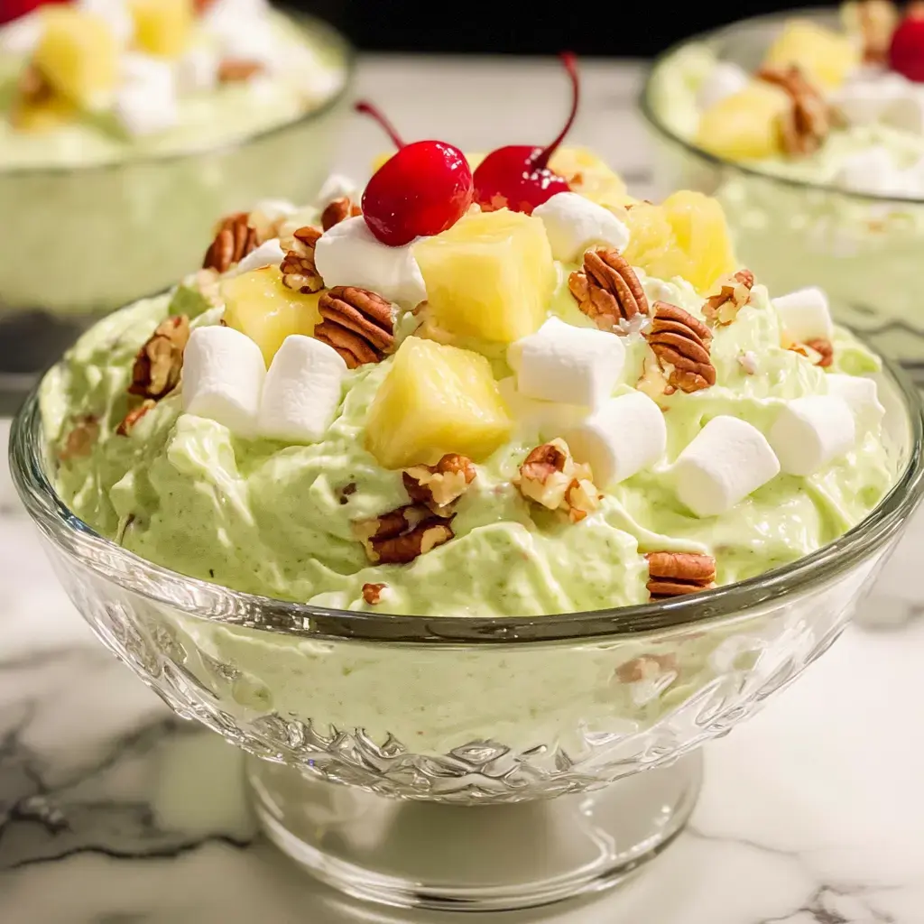 Bright green, fluffy goodness in a bowl. Topped with cherries, pecans, marshmallows, and pineapple chunks.