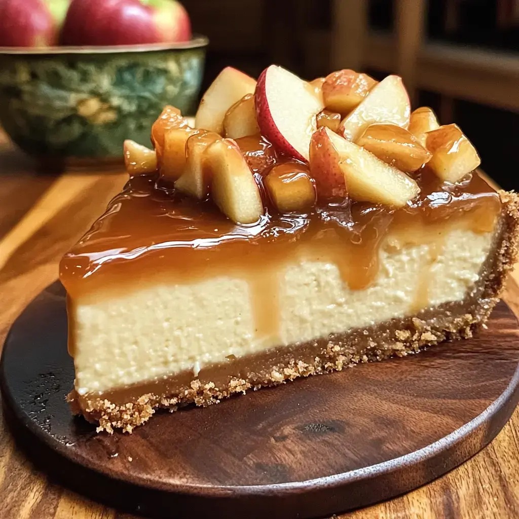 On a wooden plate, you’ll spot a wedge of cheesecake loaded with caramel and chopped apples, plus a bowl full of apples in the back.