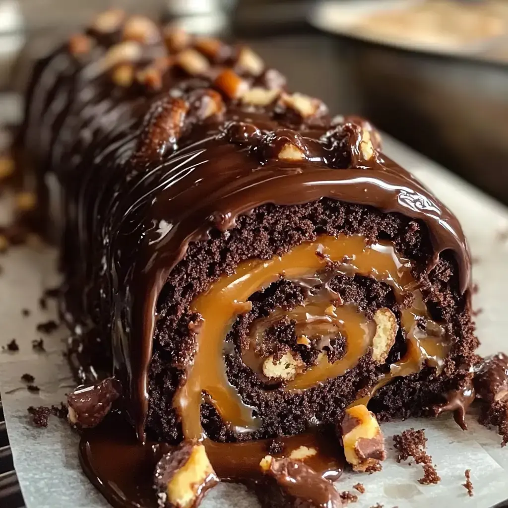Chocolate cake roll stuffed with caramel, covered in chocolate ganache, and sprinkled with nuts.