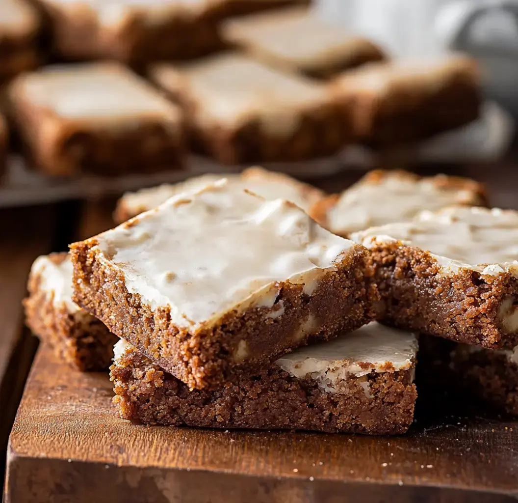 A stack of frosted golden bars on a rustic wooden table, showing gooey middles and white chocolate chunks.