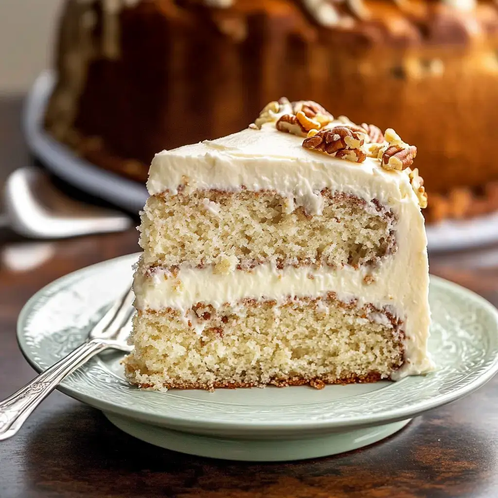 A piece of richly frosted cake with pecans on top rests on a pale green dish, revealing its multiple layers.