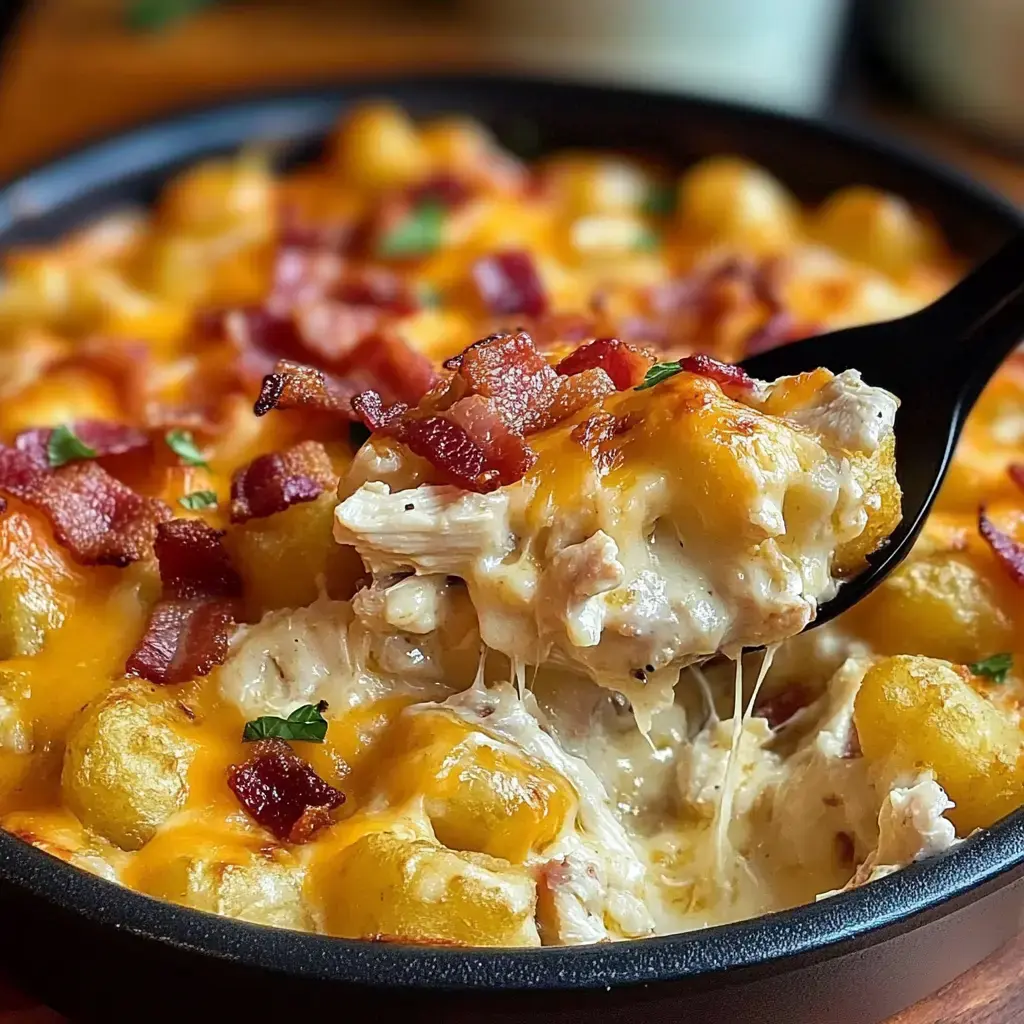 Cheesy, baked casserole loaded with chicken, gnocchi, and crispy bacon. A spoon's taking a gooey scoop from the black skillet.