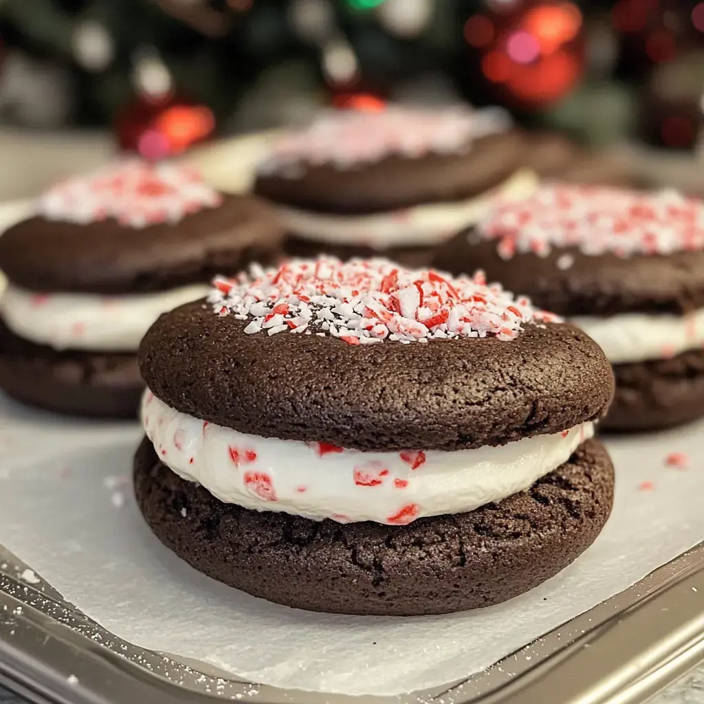 Up-close shot of chocolate whoopie pies stuffed with fluffy white cream and sprinkled with peppermint bits, set on a cheerful holiday table.