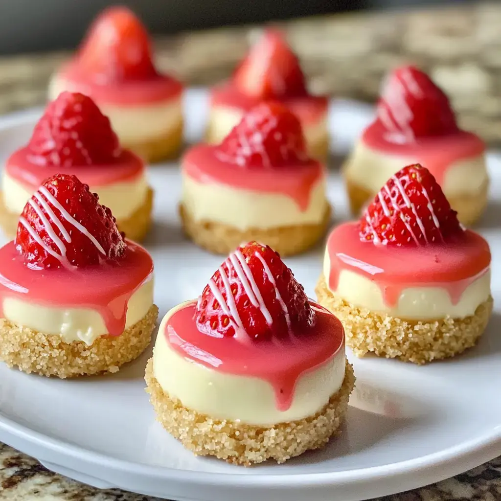 Bite-sized cheesecakes sitting on a plate, glossy with strawberry topping and slices.