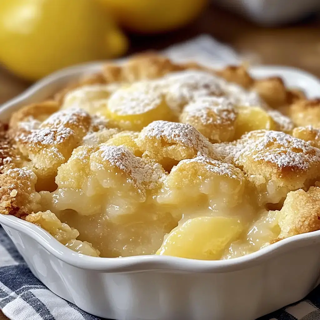 A golden-crusted sweet treat dusted with powdered sugar showing off its luscious lemon interior.