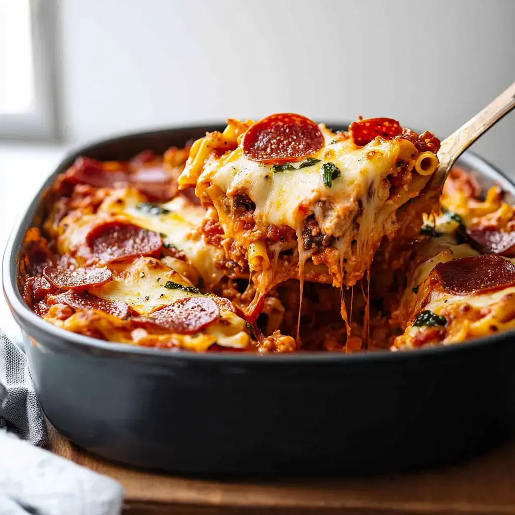 A portion of bubbly pepperoni pasta bake being lifted from a dark dish, showing off strands of melted cheese and layers of pasta with meat.