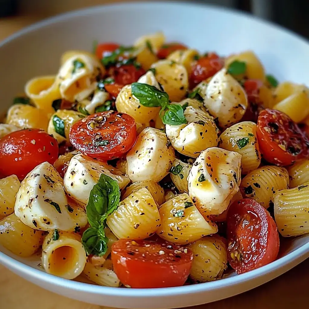 Pasta bowl packed with cherry tomatoes, basil, mozzarella and sprinkled with herbs.