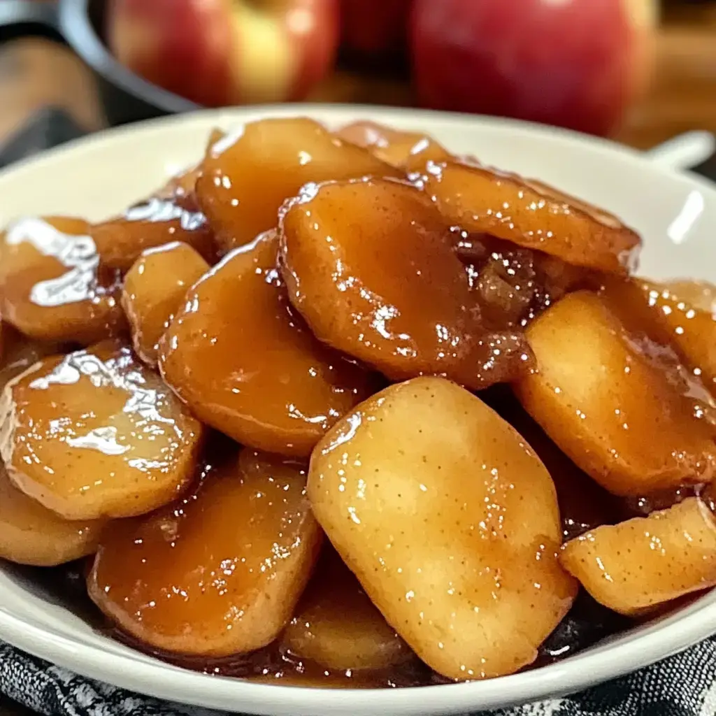 Slices of apples coated in glossy syrup fill a bowl, while whole apples sit blurred in back.