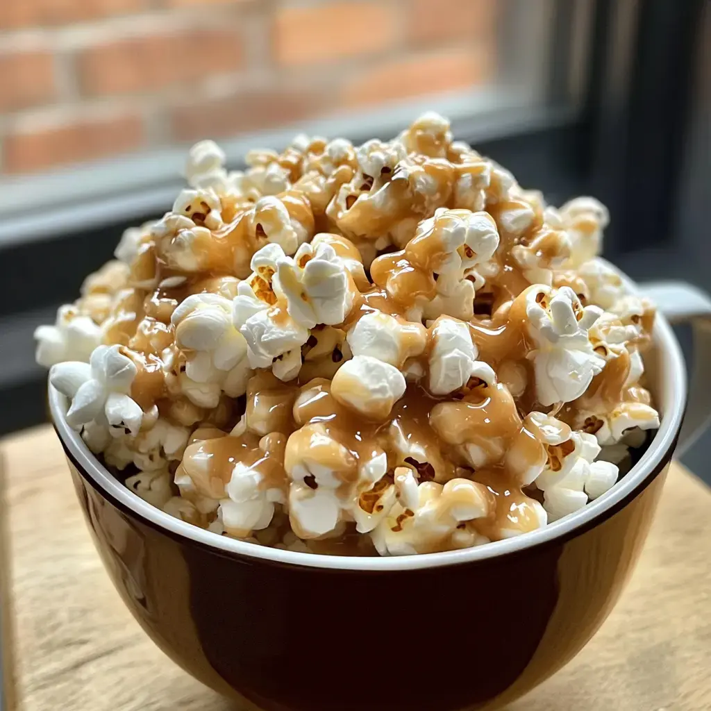 Big bowl of caramel-drenched popcorn right by a sunny window.