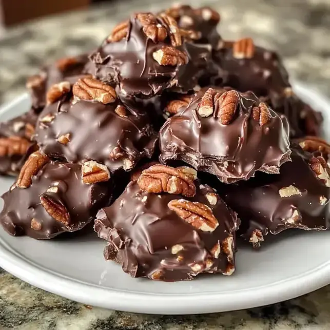 Big plate piled high with chocolate-covered candy and pecan tops up close.