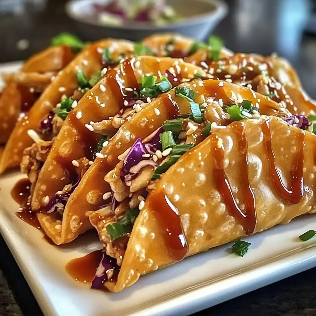 Crunchy tacos packed with shredded chicken, purple cabbage, fresh green onions, sesame sprinkles, and a swirl of sauce.