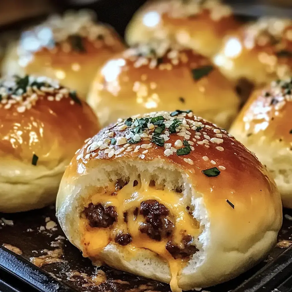 Close-up of a freshly baked bun bursting with melted cheese and beef, finished with sesame seeds and fresh herbs.