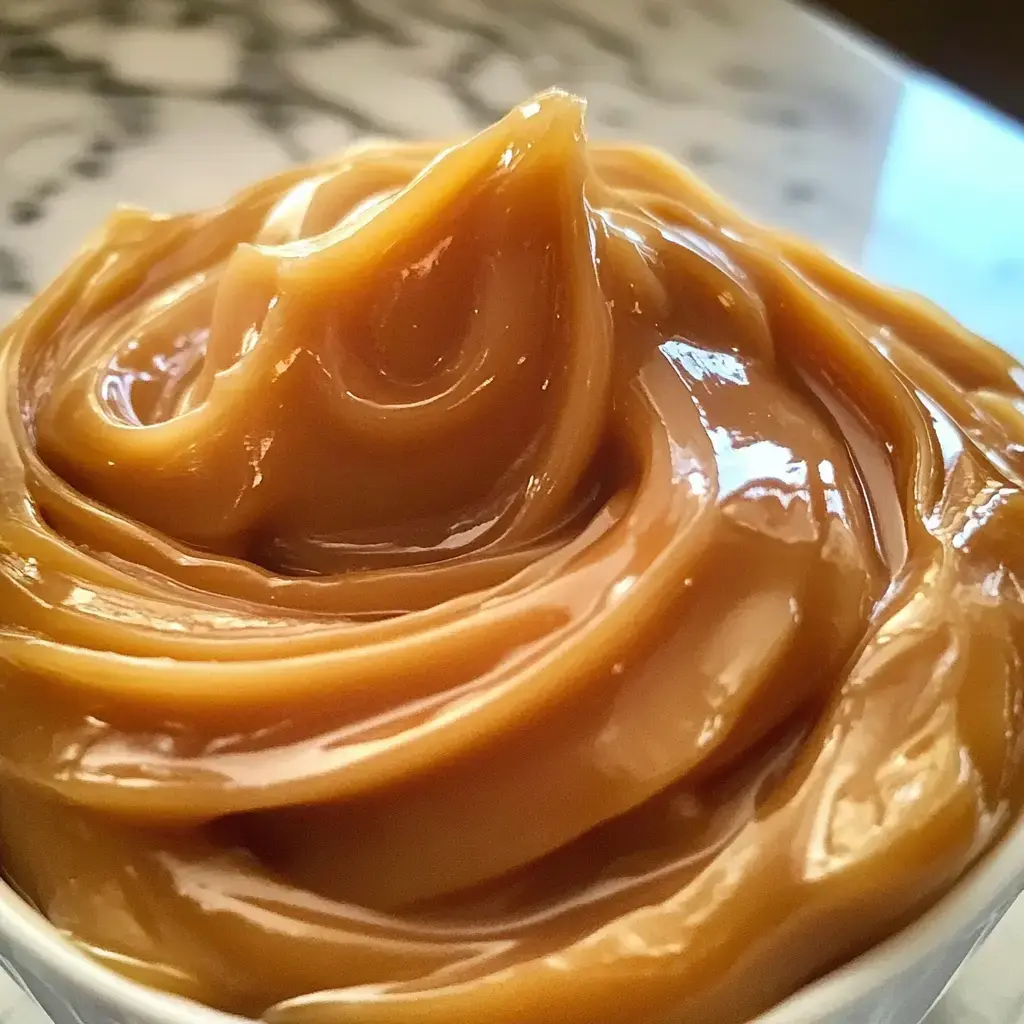 Close shot of creamy caramel sauce with a glossy swirl in a bowl.