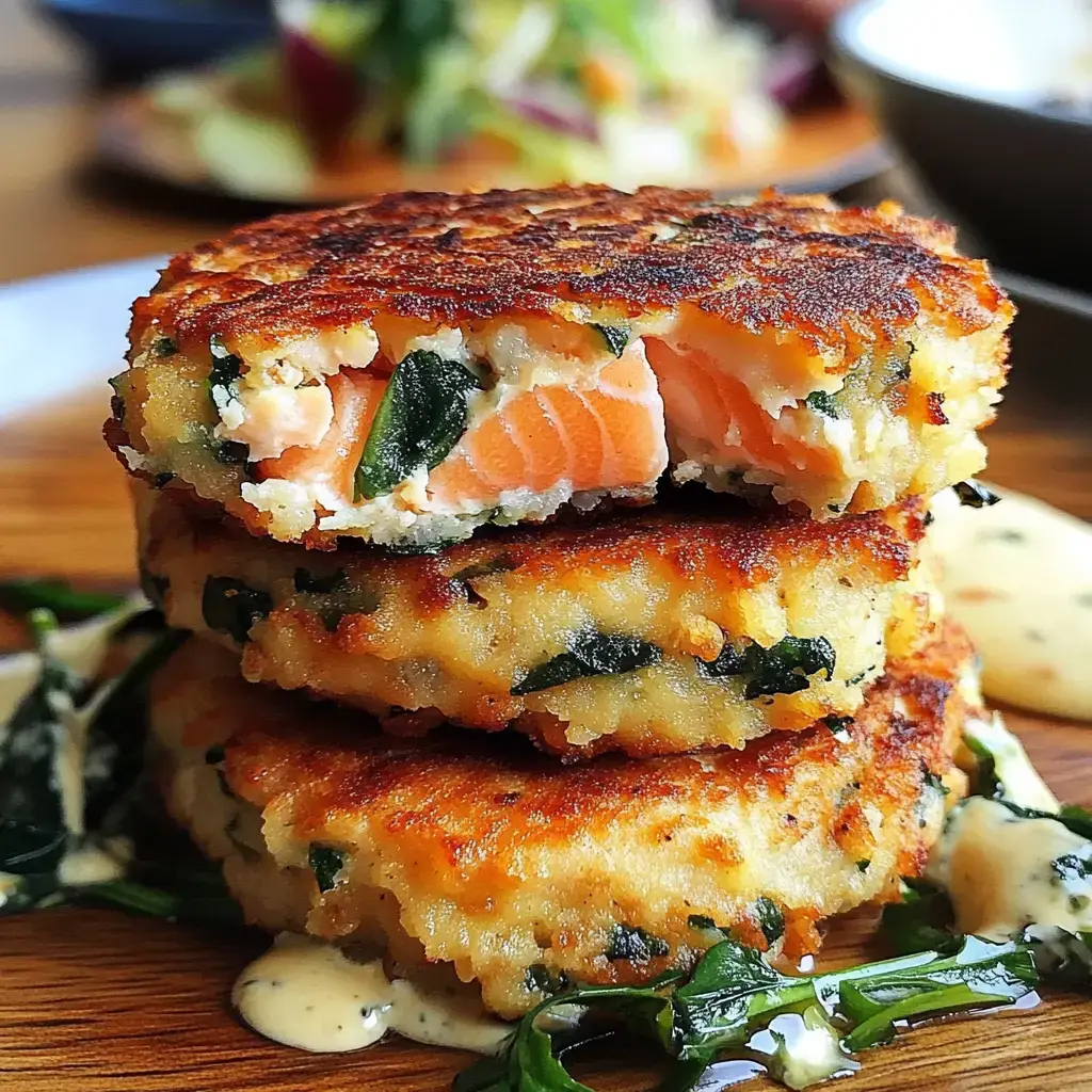 Three crispy salmon-spinach patties stacked on a wooden plate, sauce swirling around.