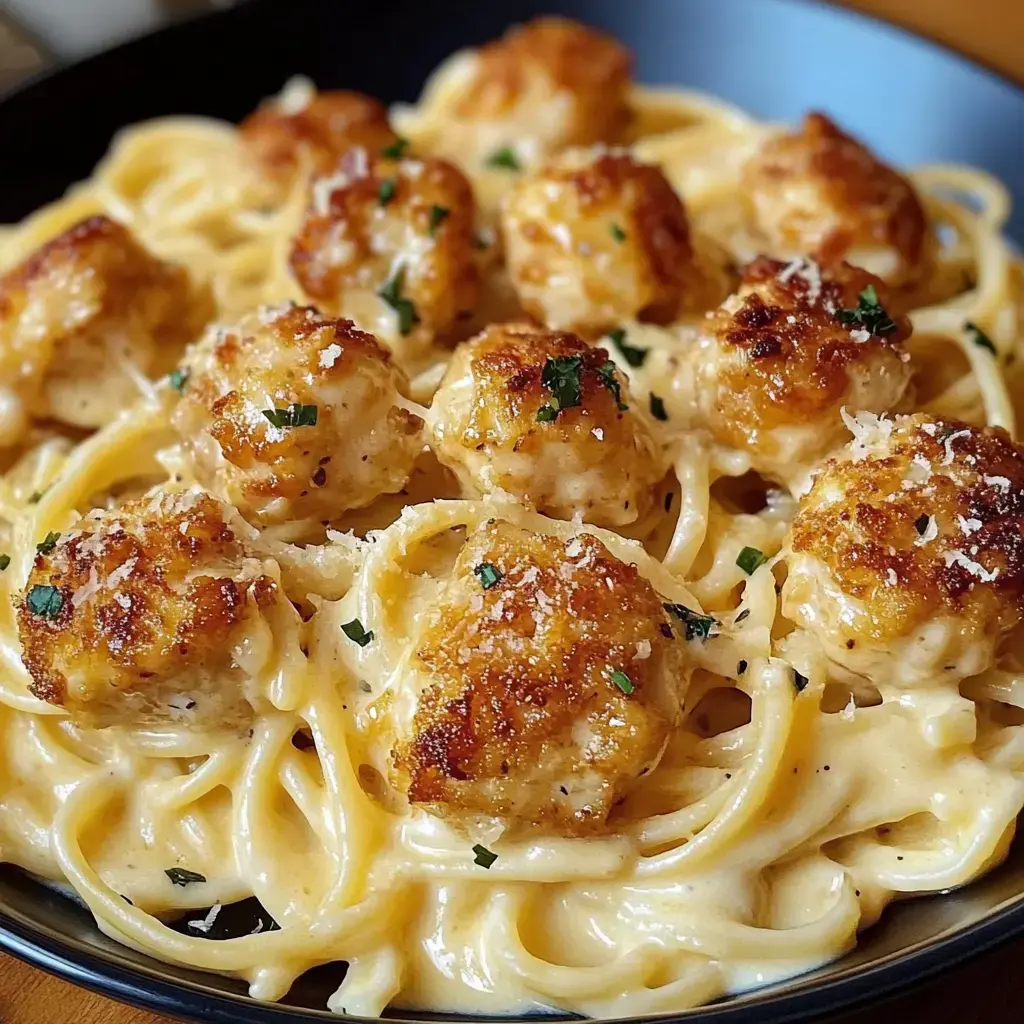 Big noodles smothered with creamy sauce and golden chicken, parsley on top, all up close.