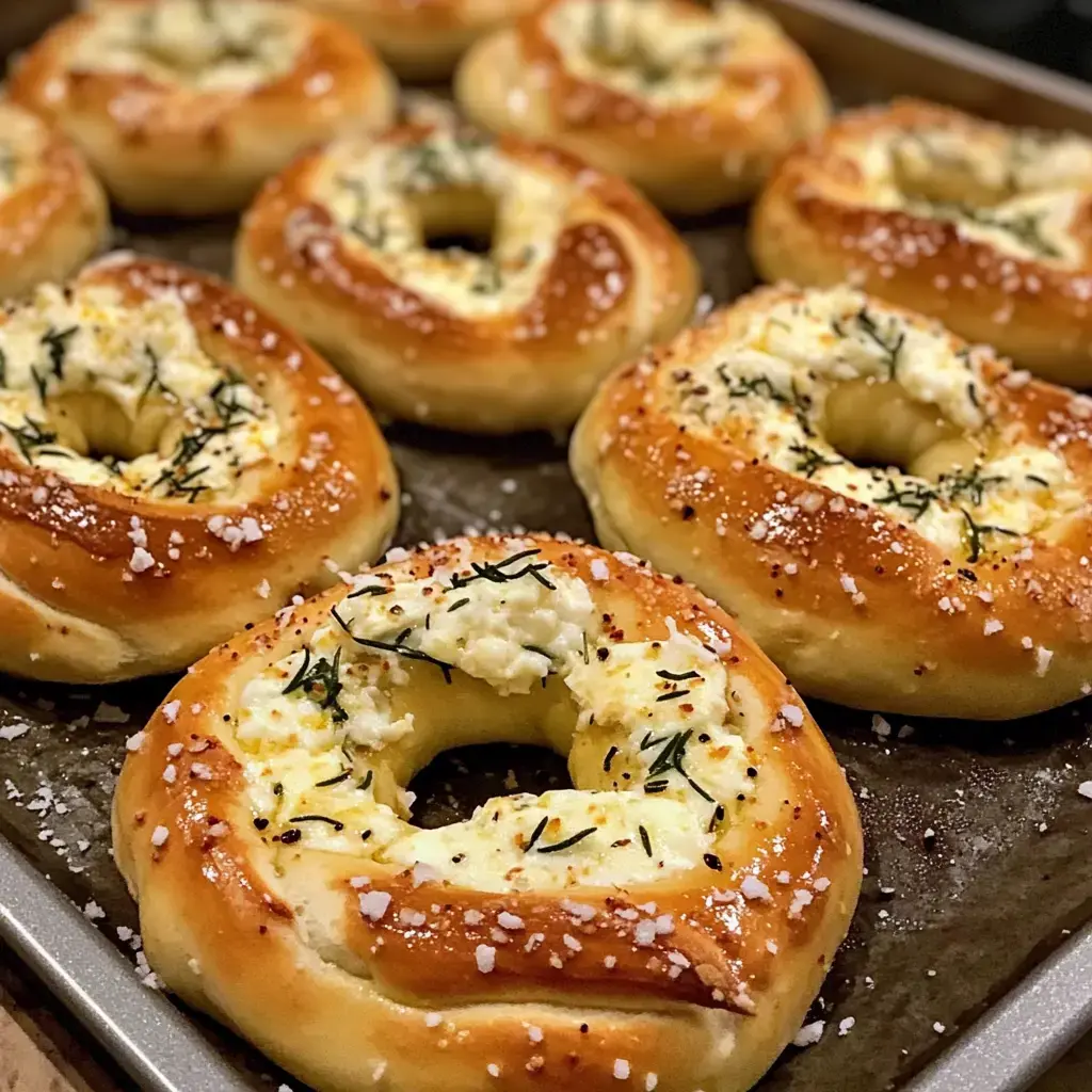 A pan filled with bagels sporting a creamy cheese and herb topping.