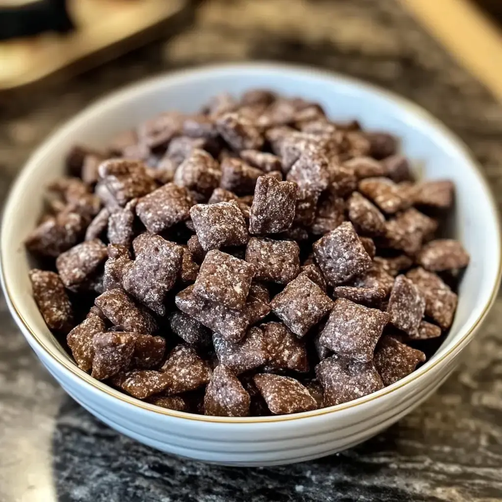 A bowl of chocolatey, bite-sized cereal squares sitting on a dark counter.