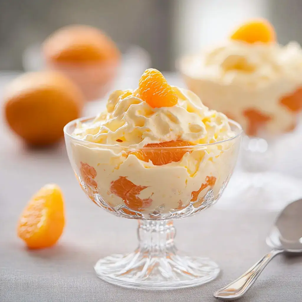 A glass dish containing fluffy cream mixed with orange pieces, garnished with an orange slice, sits next to whole oranges on display.