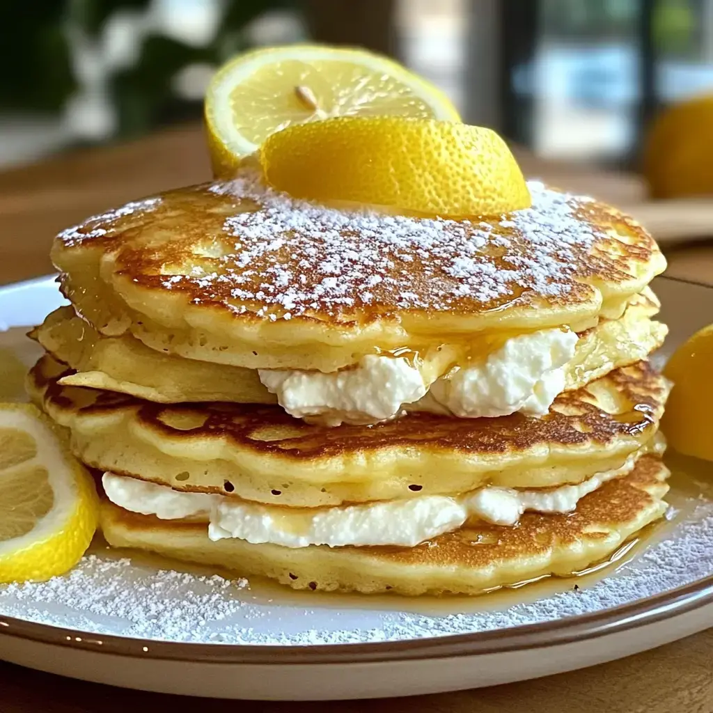 Stacked pancakes look super fluffy, finished with powdered sugar, lemon slices, and syrup drizzled all over.