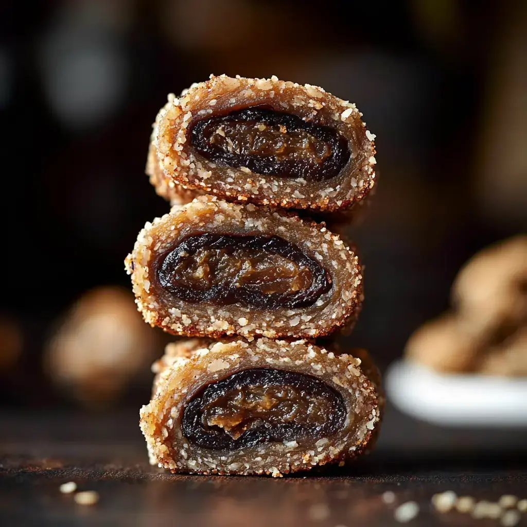 Three piled sweet rolled date pieces wrapped in light, coarse sugar shown with a blurry background.