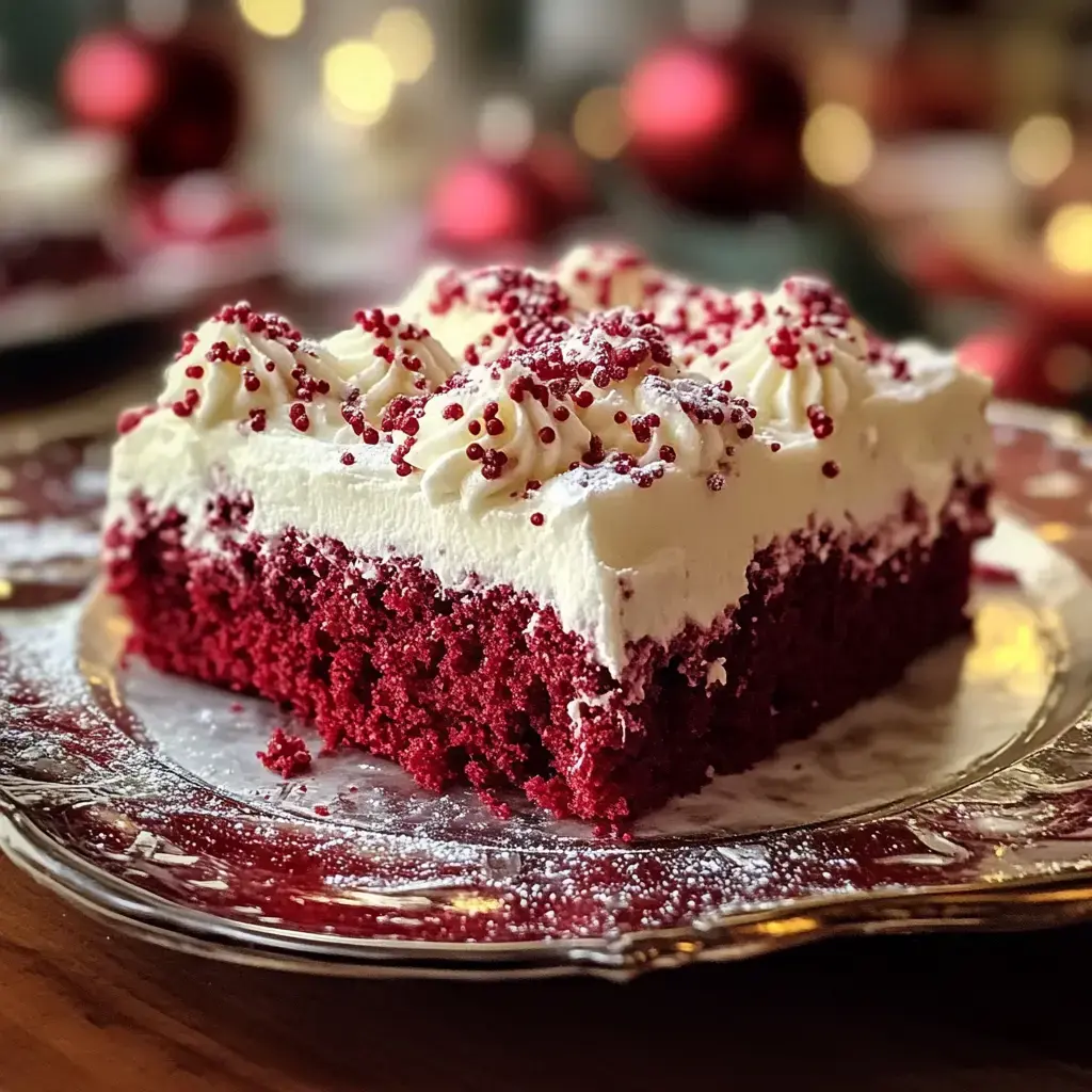 One piece of red velvet cake piled high with cream cheese frosting and cheerful sprinkles, sitting on a silver tray with sparkly decor in the background.