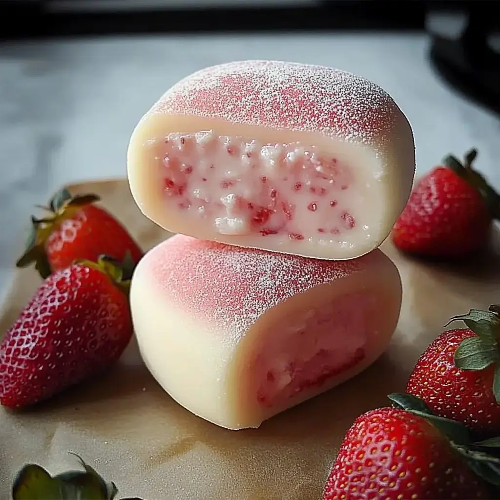 Two pink strawberry mochi pieces shown up close with fresh strawberries scattered nearby.