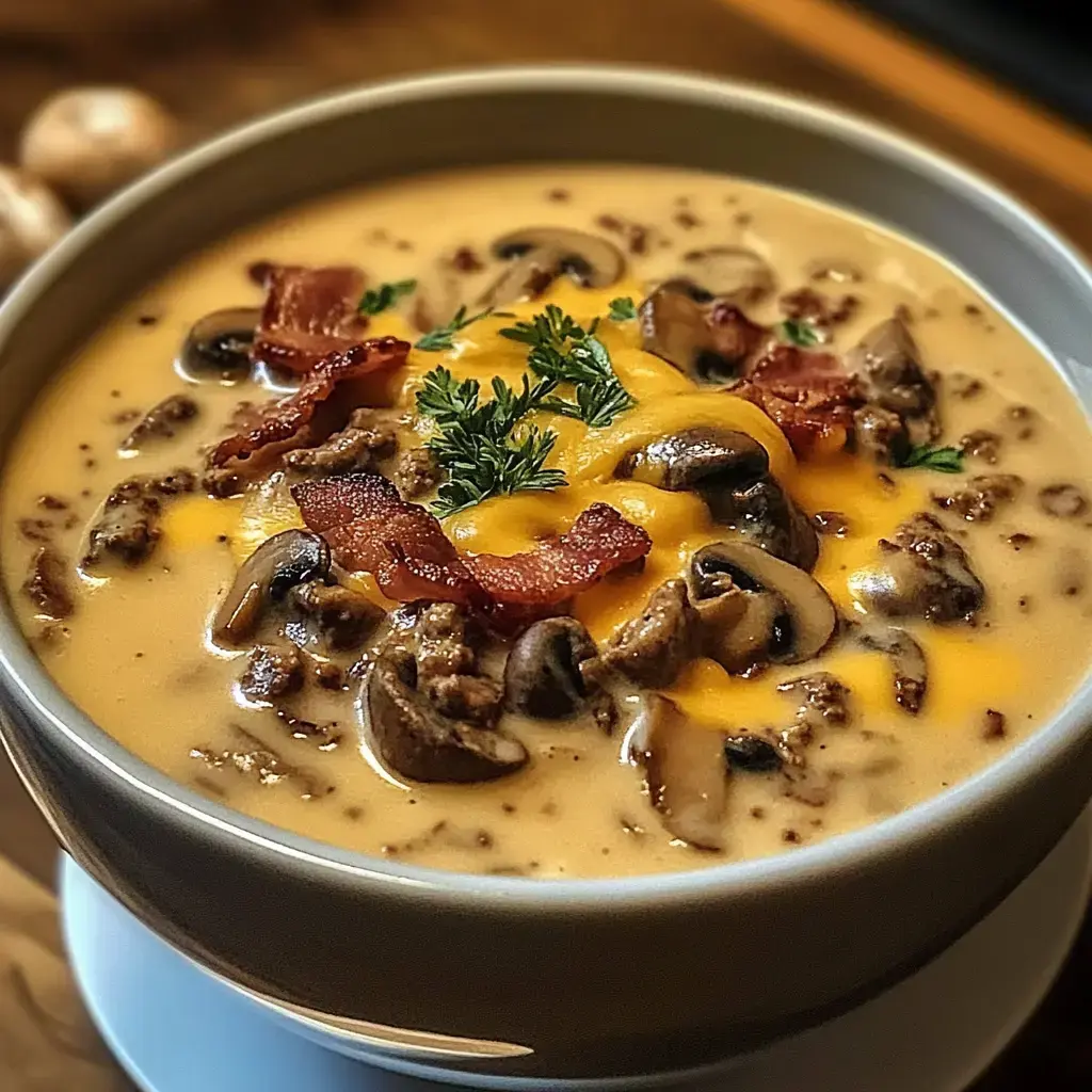 A steamy, creamy soup loaded with ground beef, mushrooms, herbs, bacon bits, and melty cheddar, all cozy in a bowl.