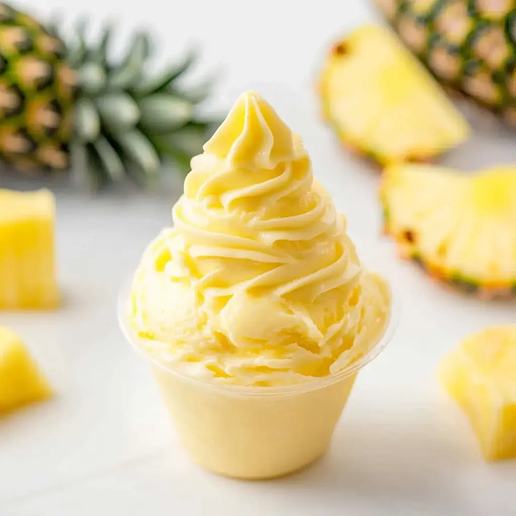 A swirly, sunshine-colored pineapple soft serve in a cup with fresh pineapple chunks scattered around it.