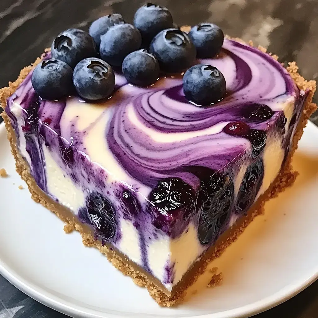 Creamy blueberry cheesecake slice with fresh berries on top, chilling on a white plate.