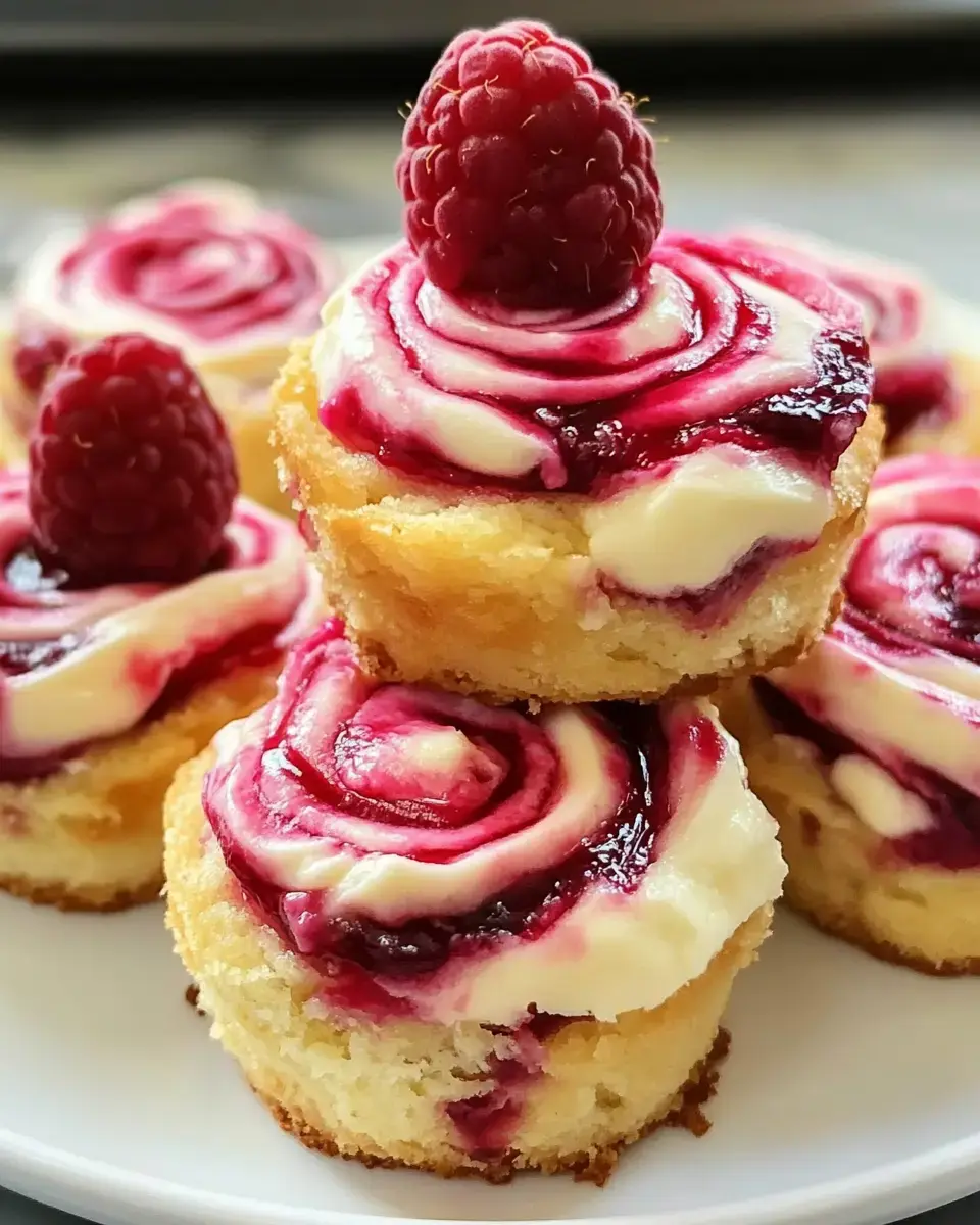 Mini cheesecakes on a plate, each one with a swirl of raspberry sauce and a fresh raspberry perched on top.