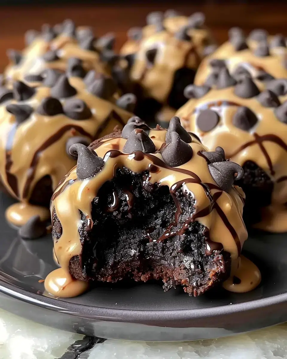 Close view of chocolate sweets topped with caramel drizzle and chocolate chips, plus a bite taken from one cake.