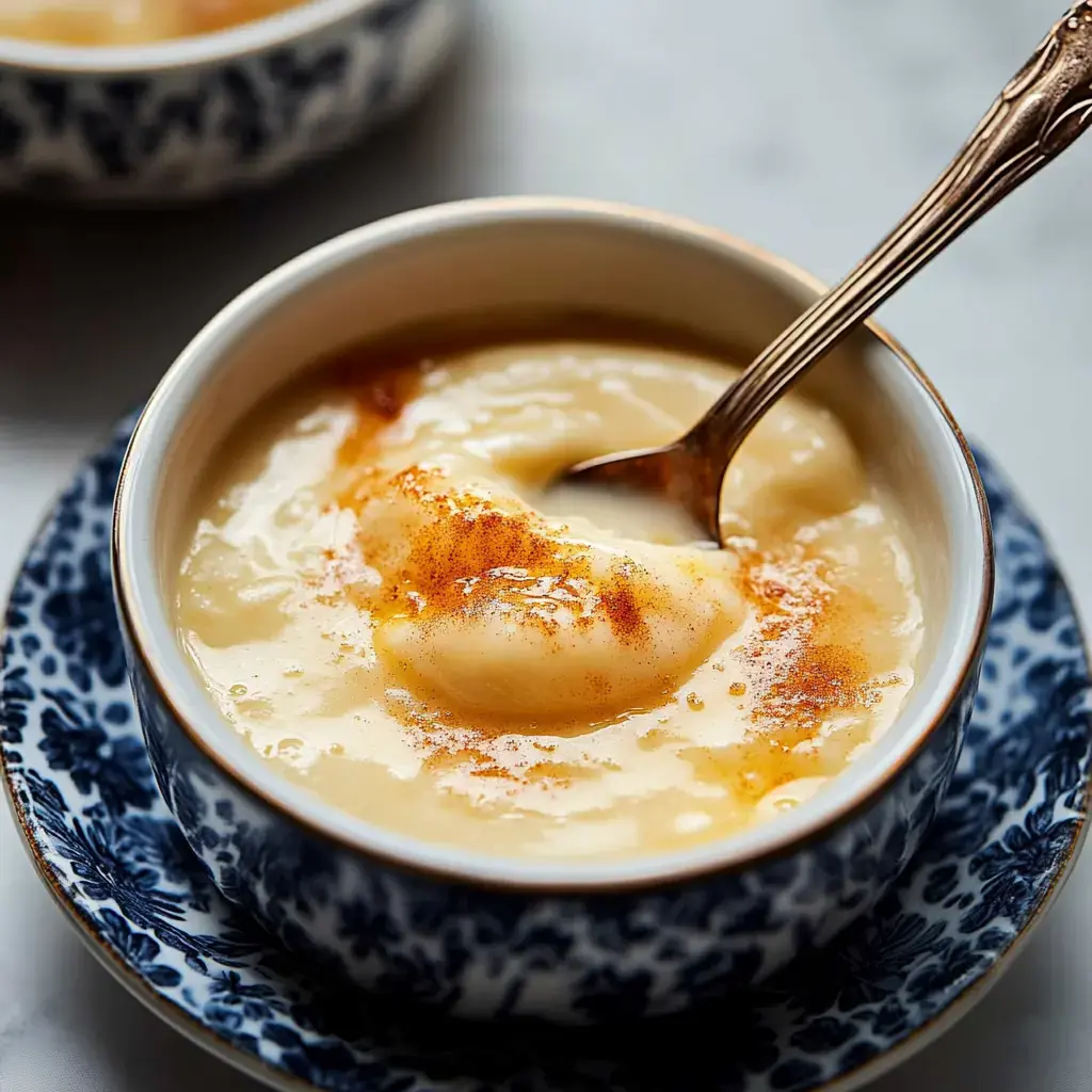 A bowl of creamy white goodness with spice sprinkled on top and a spoon dipped in, sitting on a pretty blue and white plate.