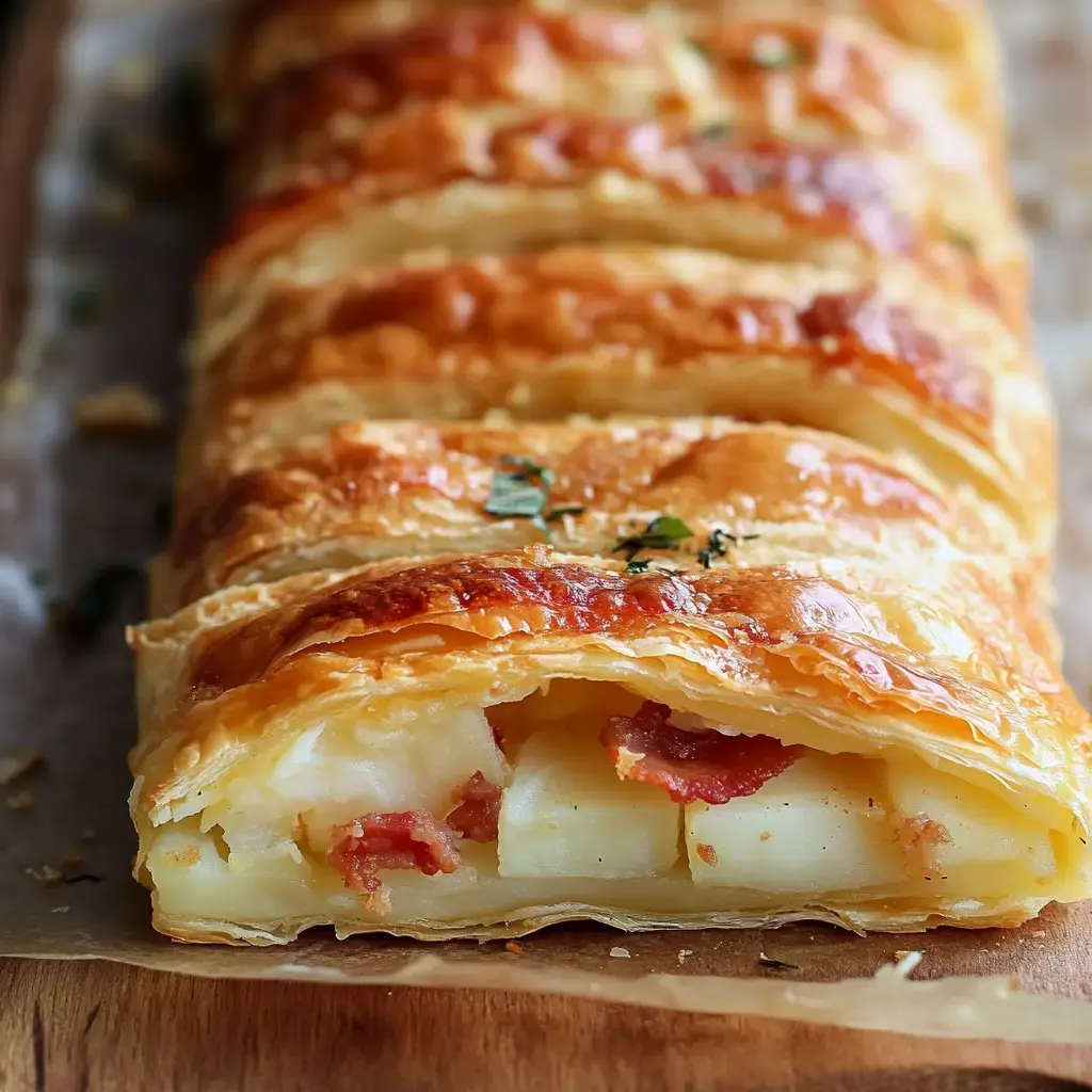 A crispy, golden pastry roll stuffed with potato chunks and bacon pieces, topped with fresh herbs.