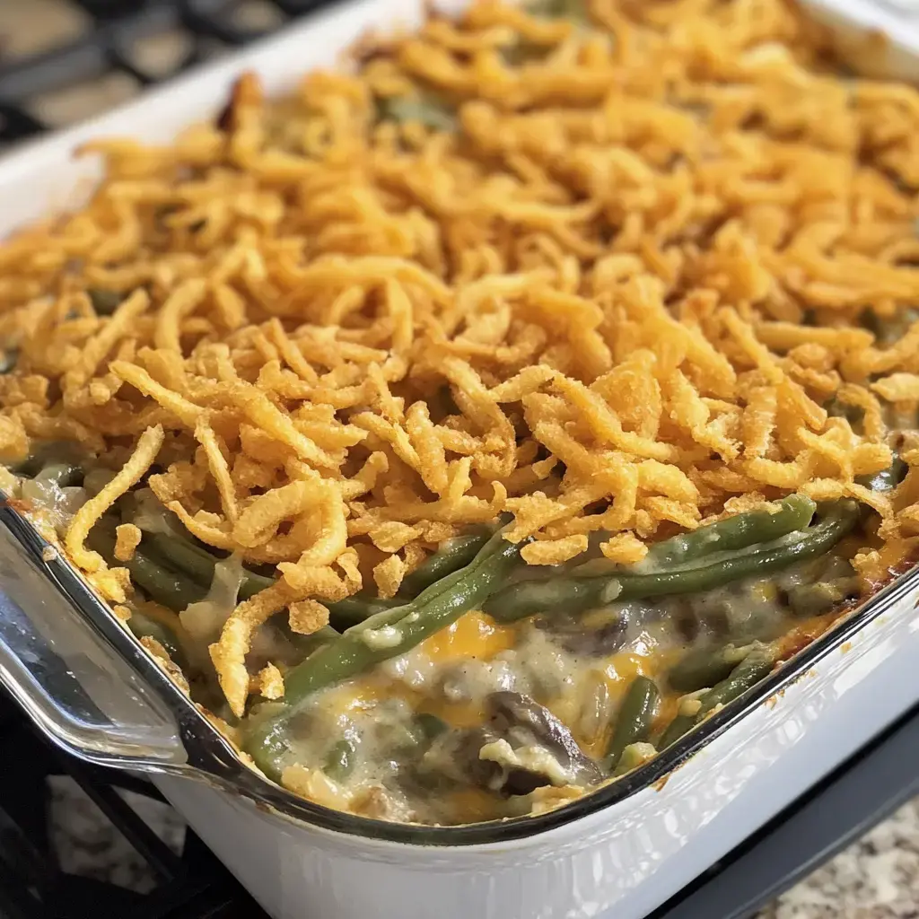 Creamy green beans blanketed in crunchy onions, hot from the oven in a glass pan.