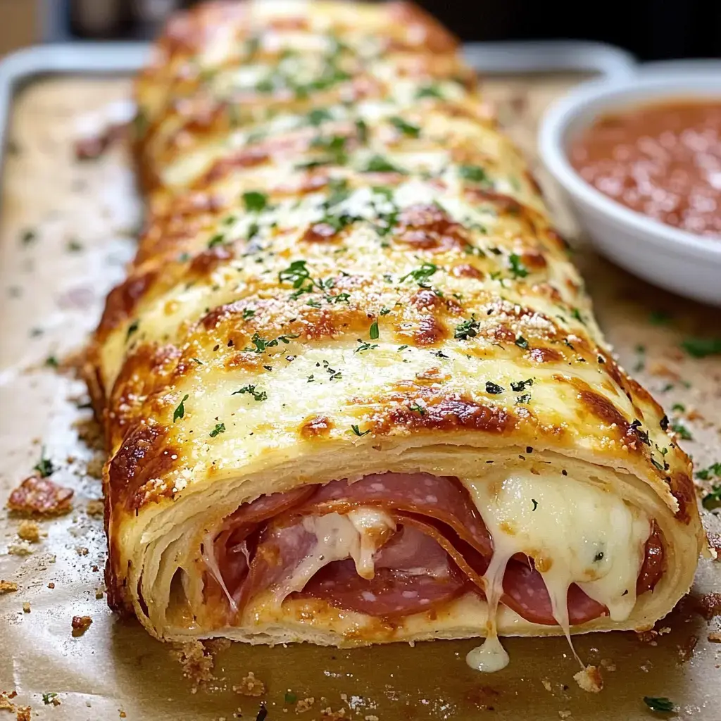Golden crust hugs cheesy, meaty layers inside a baked roll, with warm marinara for dipping on the side.
