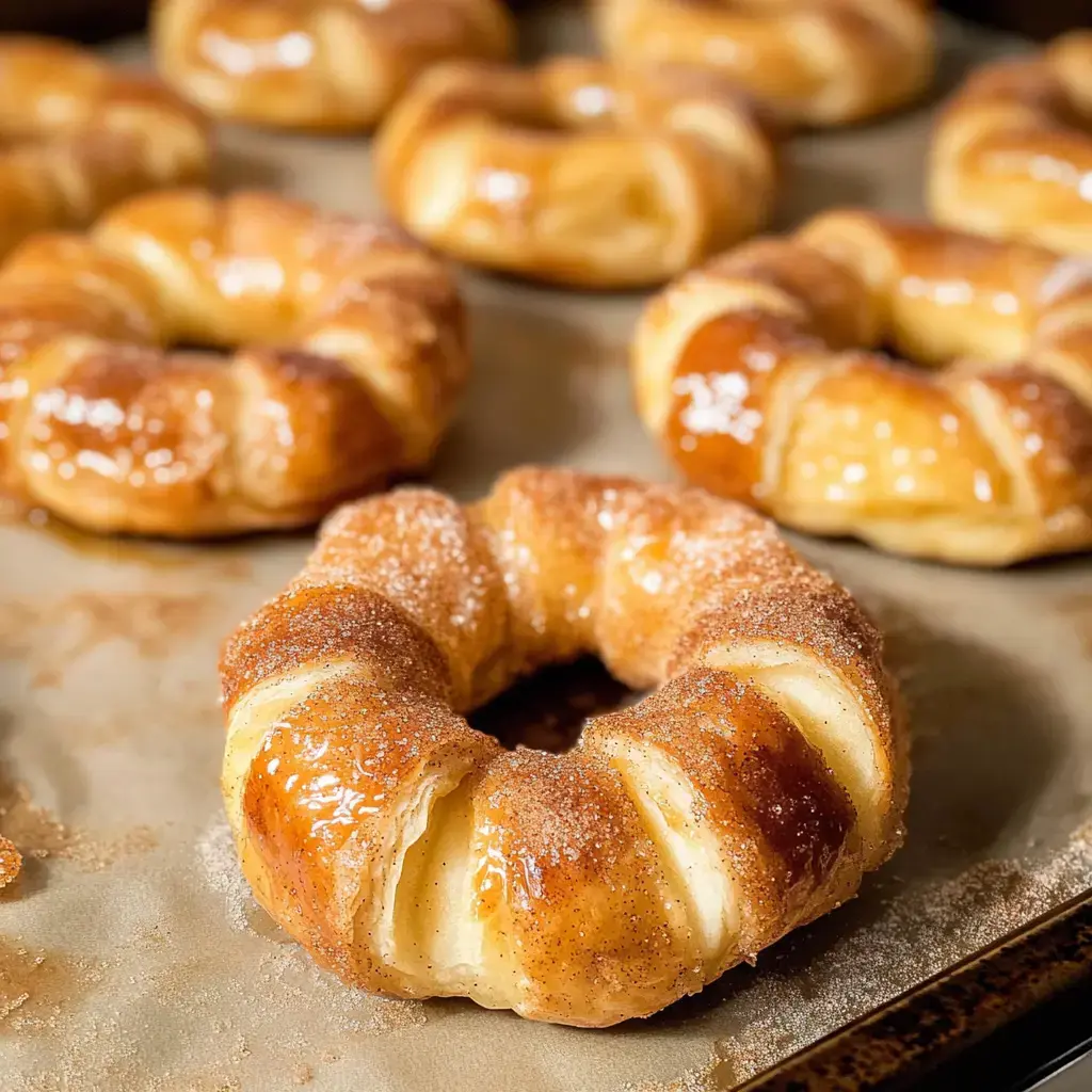 Golden brown pastry rings loaded with cinnamon sugar sitting fresh out of the oven on a baking tray.