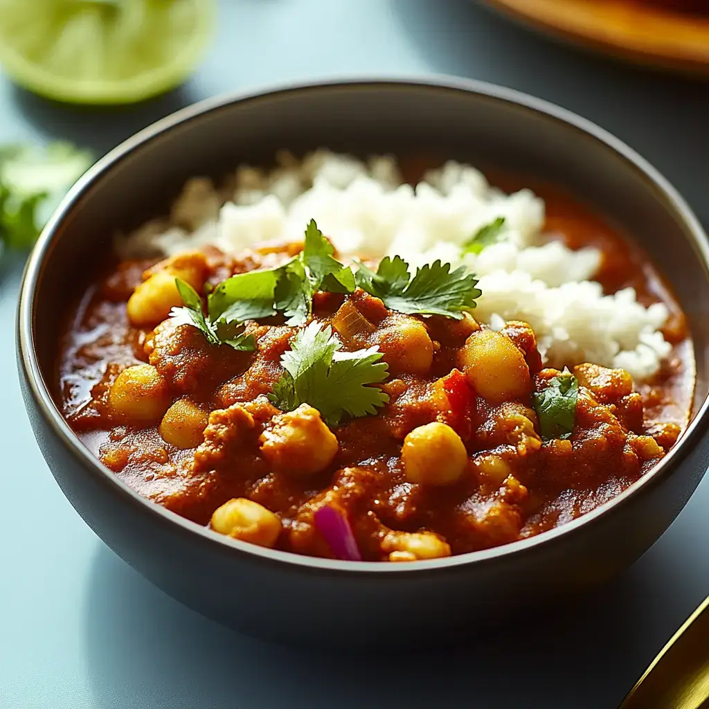 Steaming bowl of chunky chickpea stew garnished with green herbs, next to a pile of steamed rice.