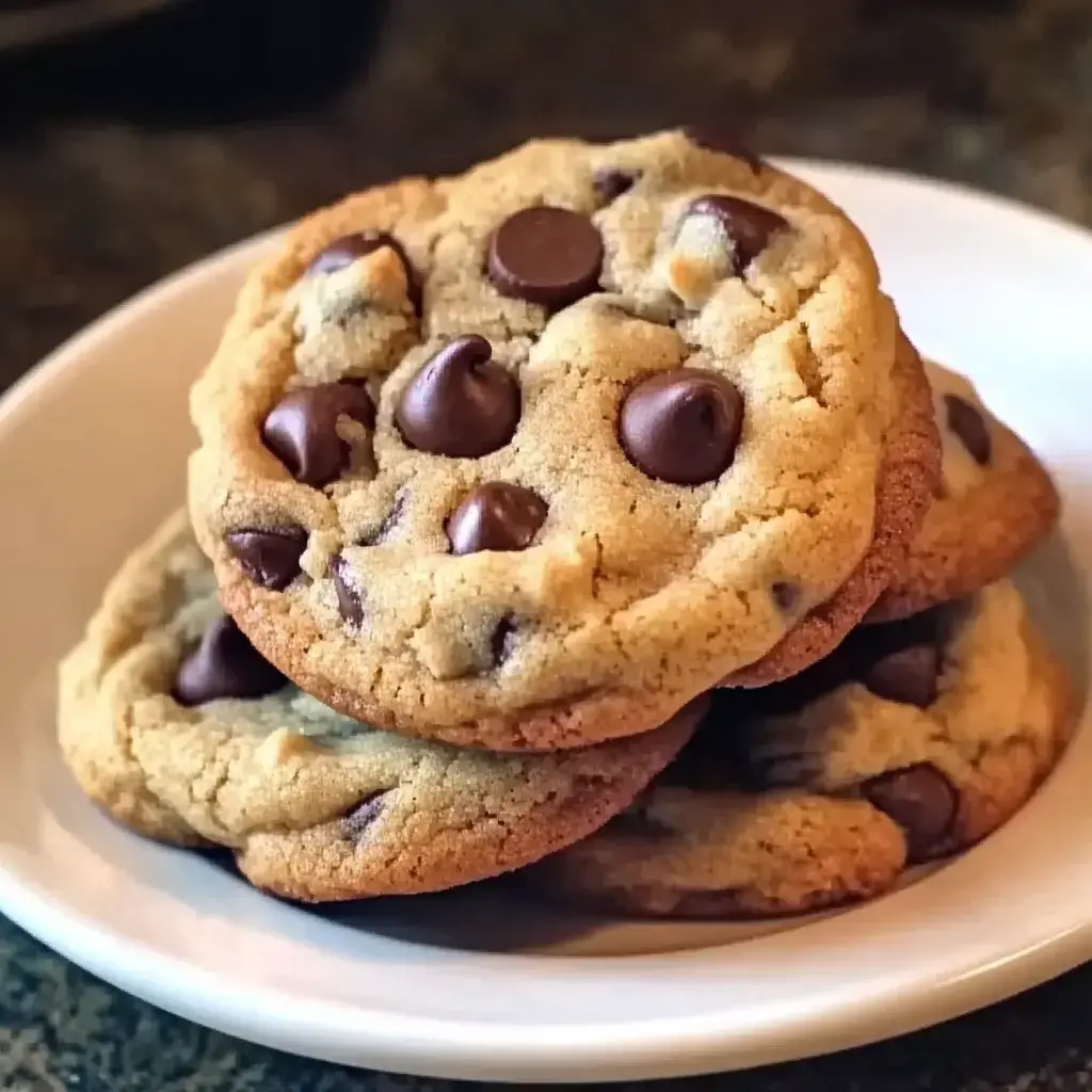 A stack of chocolate chip cookies shown up close sitting on a white plate.