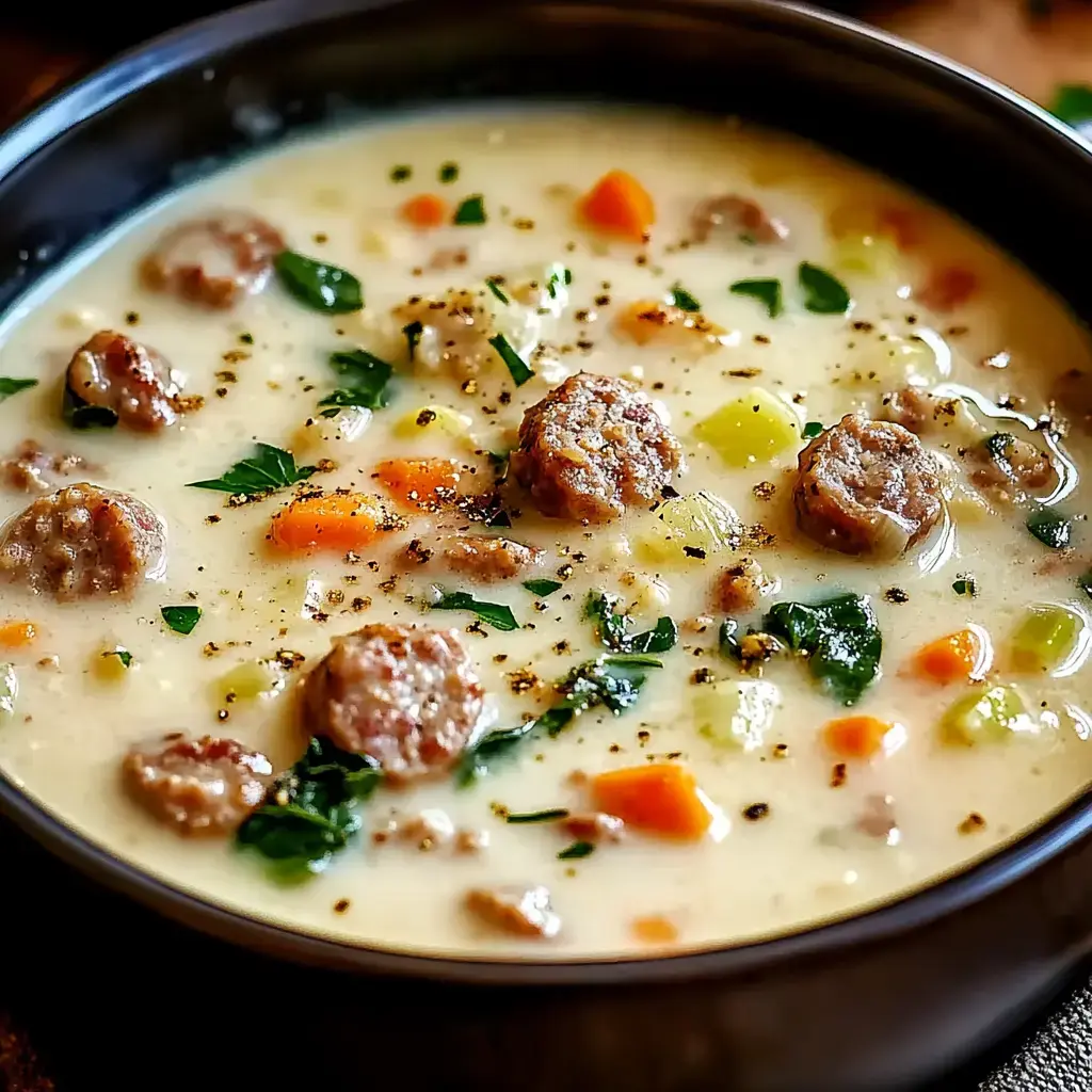 A dark bowl contains velvety soup loaded with sausage bits, carrot slices, celery chunks, and fragrant herbs.