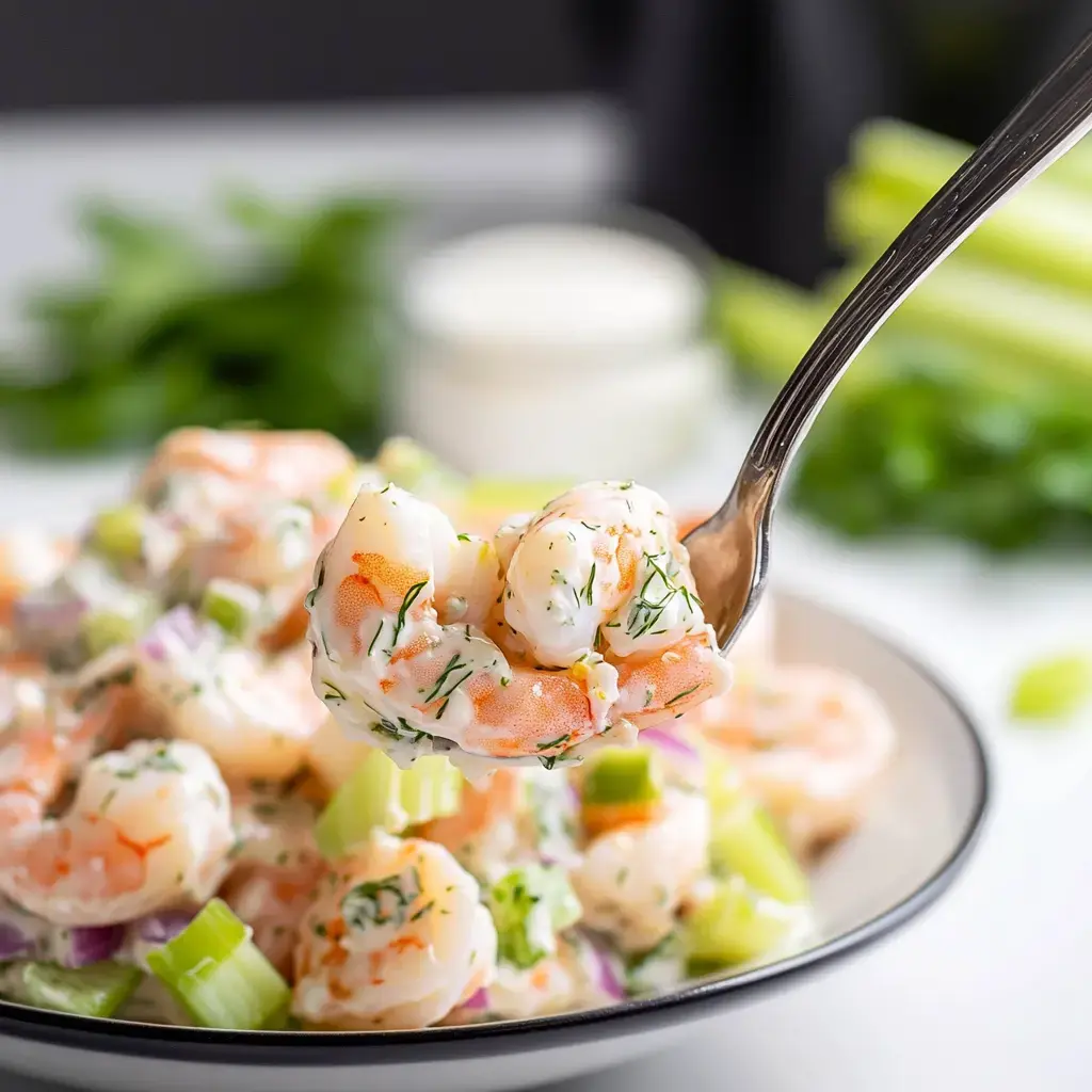 A heaping spoonful of creamy shrimp mixture with chunks of seafood, green celery bits, and herb flecks, with a bowl of more salad nearby.